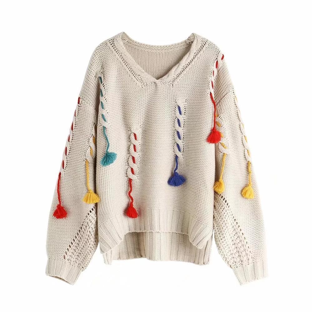 Autumn Winter Women's sweaters Europe Loose Tassel Pullover Sweater Deep V Neck Sweater Women 201102