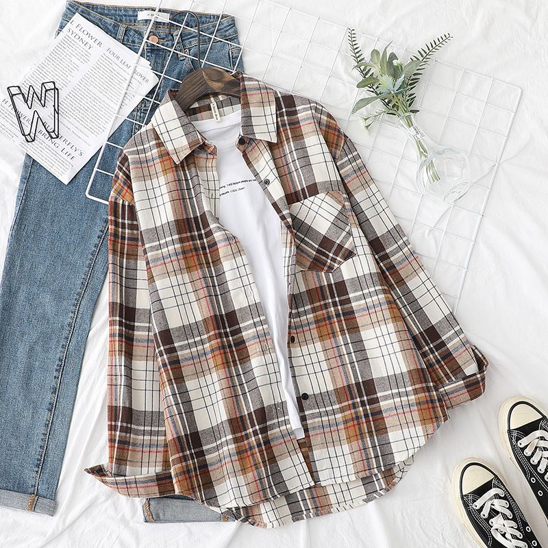 Plaid Shirts Womens Checked Blouses And Tops Long Sleeve Female Casual Print Shirt Loose Cotton Blusas Outwear Autumn News 210225