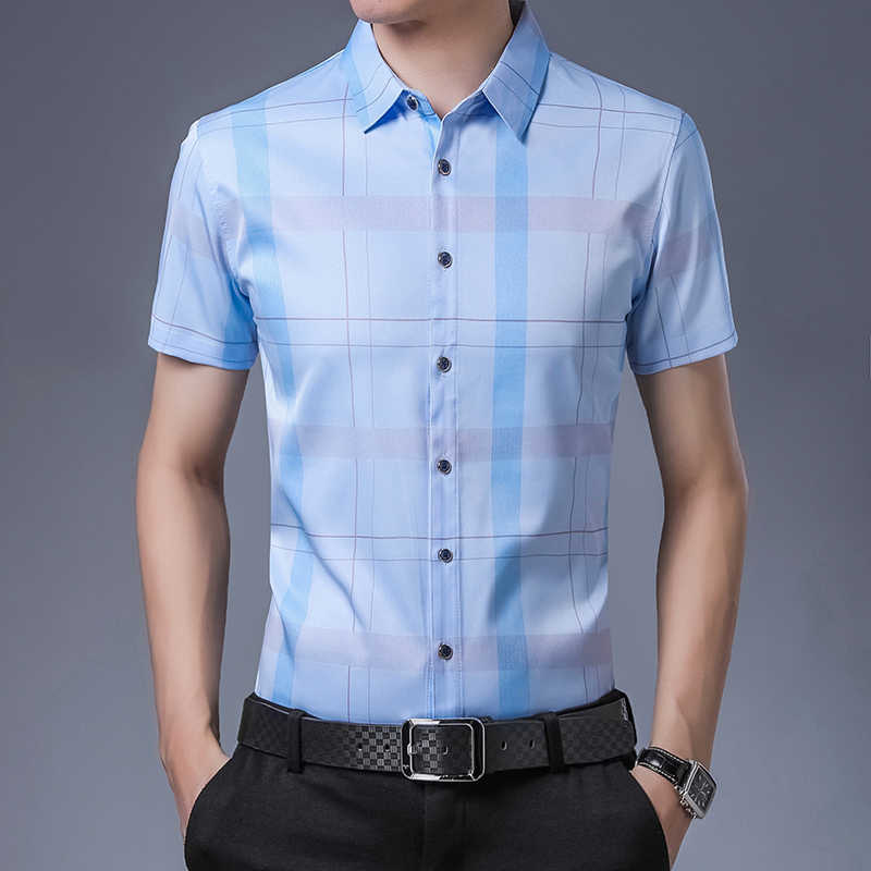 Fashion Plaid Shirt Men Silk Cotton Summer Short sleeve Casual Shirts Slim Fit Camisa Masculina Drop C745 210721