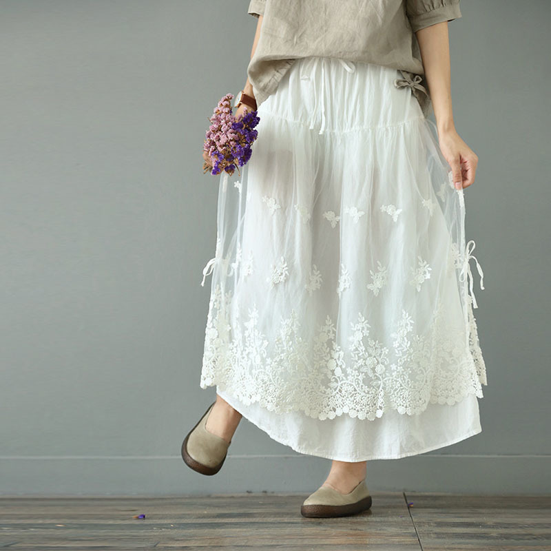Eugen Yarn Skirt French Long Skirt Ankle Retro Double Mesh Yarn Loose Embroidery ALine skirt 210306