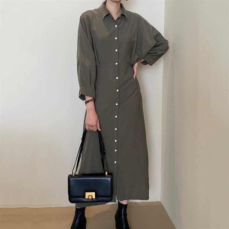 Solid Simple Turn Down Collar Single Breasted Lace Up Waist Lantern Sleeve Shirt Dresses for Women 210615