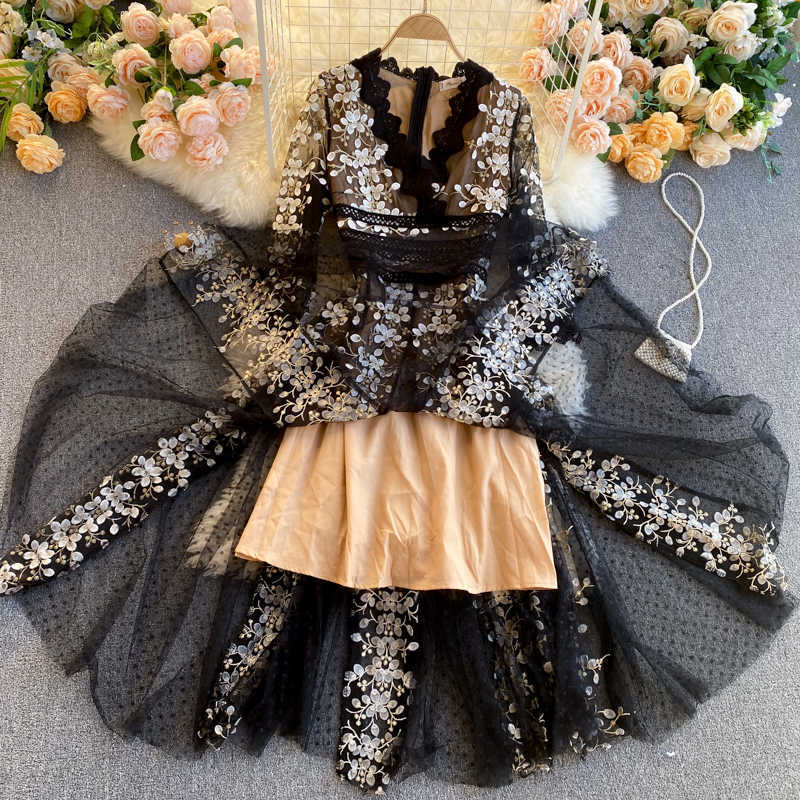 Party Fashion Ladies Embroidery Flower A-line Dress Women V Neck Elegant Vintage Clothing Vestido Feminino R359 210527