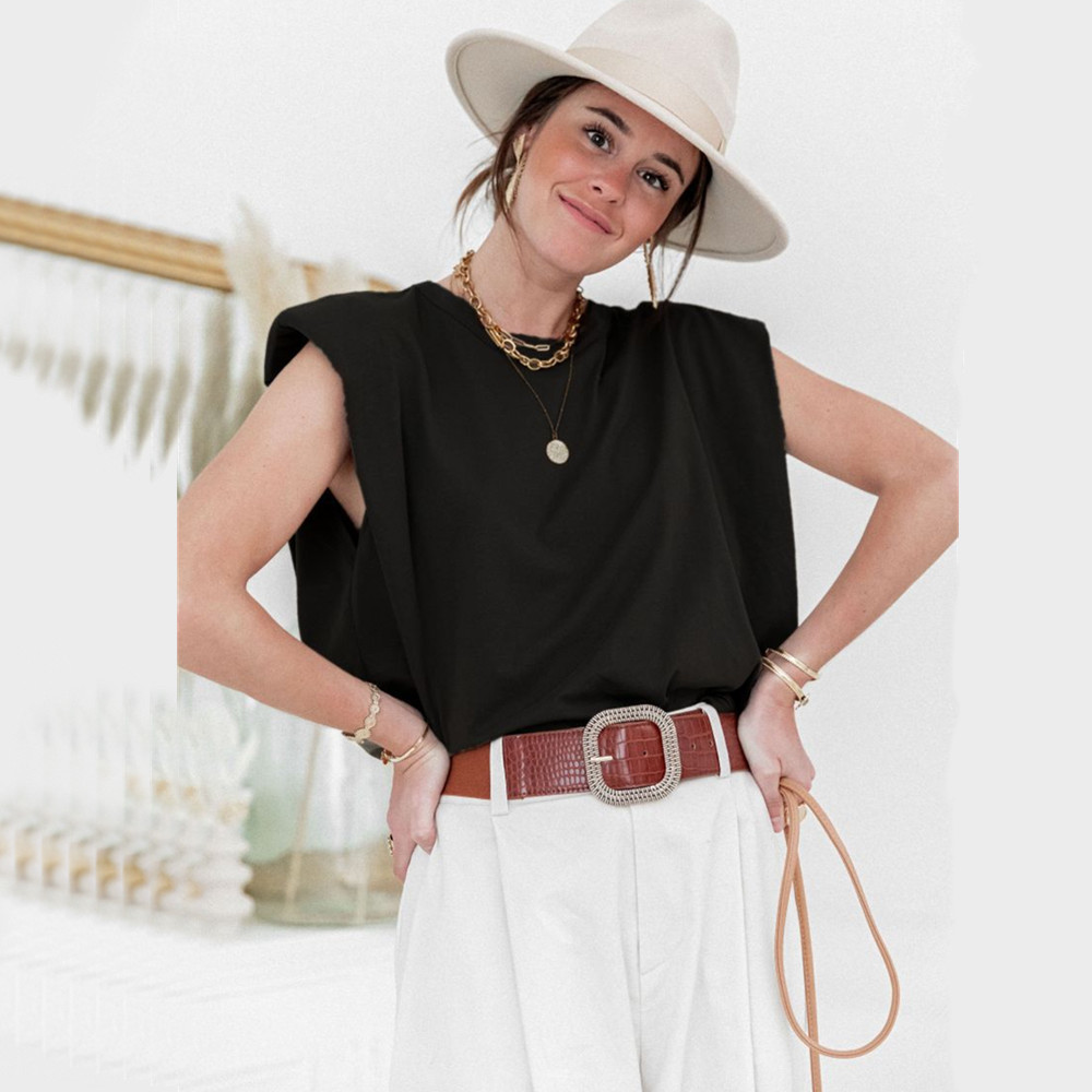 Cotton Shoulder Padded Korean Women T-Shirt O-Neck Sleeveless Solid Female T Shirt New Summer Casual Loose Ladies Top Tees 210302