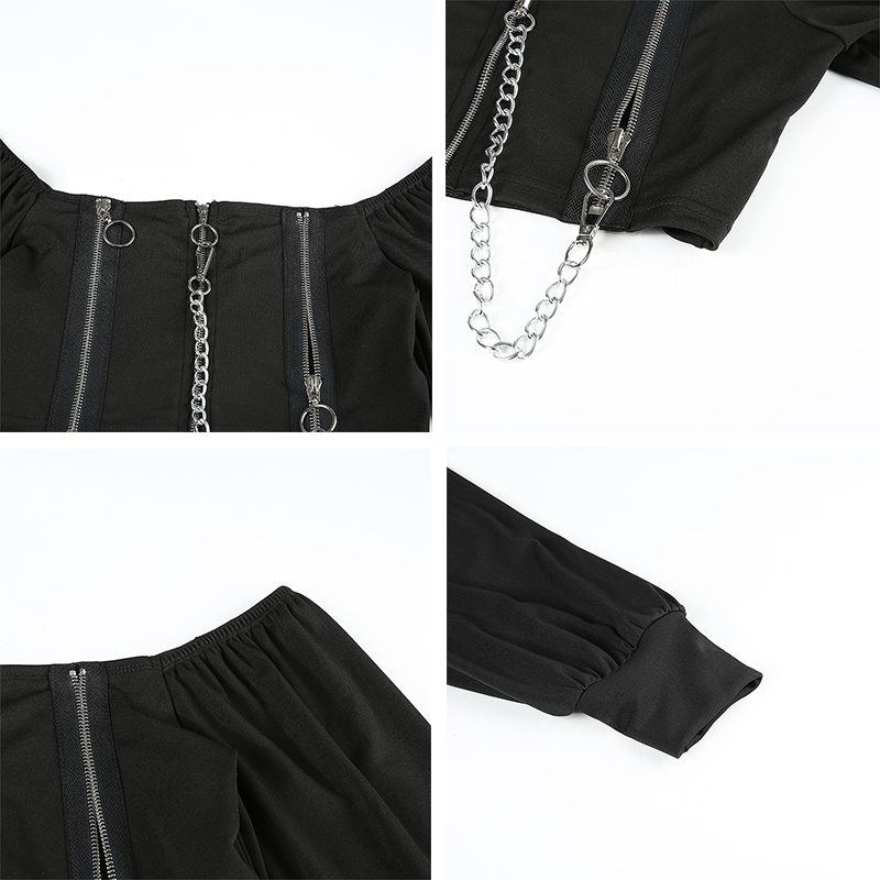 Rockmore Double Zipper Chain Tshirt Women Black Gothic Crop Top Long Puff Sleeve Square Collar Backless Shirts Casual T-shirt 210302
