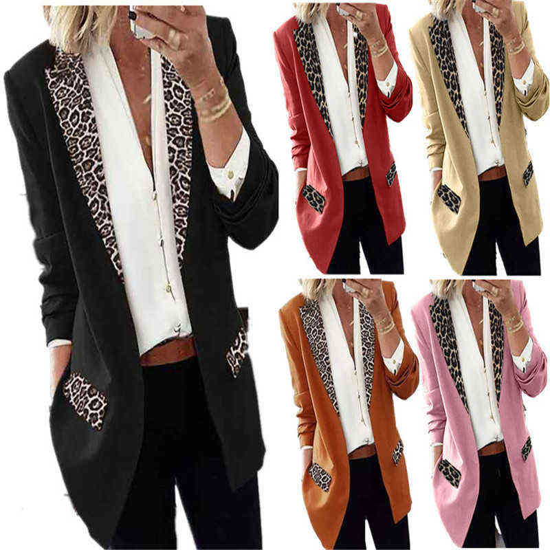 Casual Slim Leopard Patchwork Long Blazer Coat Woman Jacket Winter Female Elegant Office Lady Cardigan Thin Jackets Women 211122