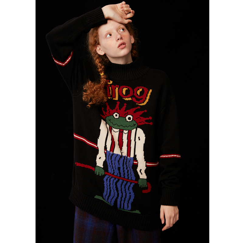 MERRY PRETTY Women's Cartoon Fore Embroidery Knitted Sweaters Winter Thick Warm Vintage Jacquard Sweater Knit Pullovers 210218