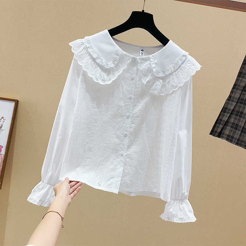 Sweet Cute Peter Pan Collar Single Breasted Flare Sleeve Shirt Spring Solid Women Blouses 210615Z