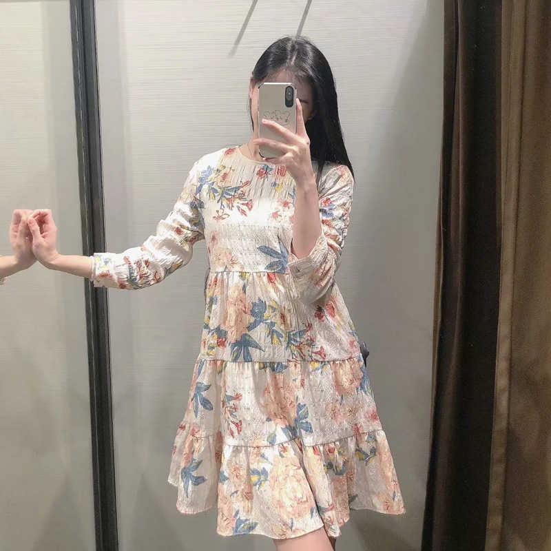 LVWOMN Dress Women Printed Pleated Mini Dresses Female O neck Long Sleeve Loose Vintage Dress Fashion Summer Boho Vestidos 210630