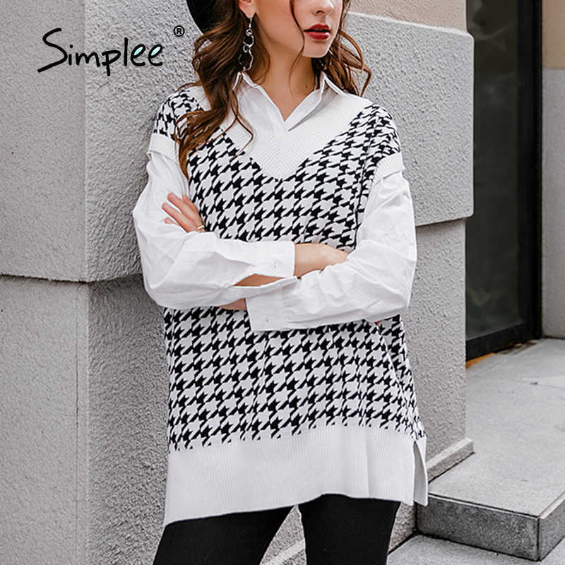 Houndstooth knitted sweater vest women V neck sleeveless oversized pullover vintage Fall winter female waistcoat sweater 210918