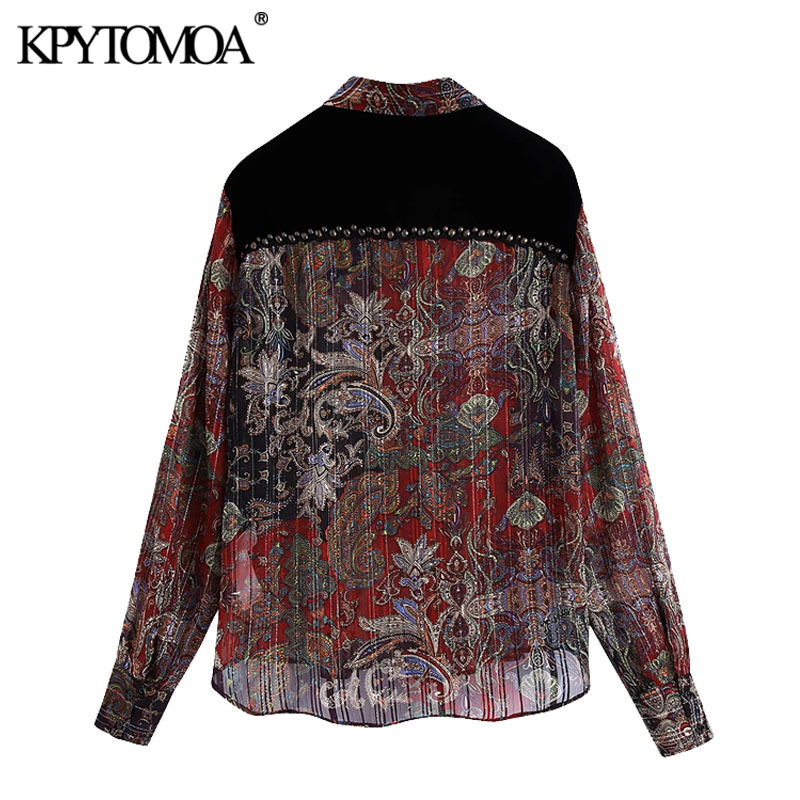 KPYTOMOA Women Fashion Semi-sheer Metallic Thread Printed Velvet Blouses Vintage Long Sleeve Studs Female Shirts Chic Tops 210225