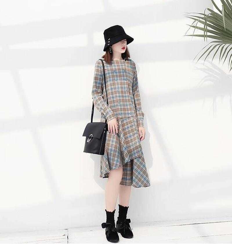 Korea Style Fashion Plaid Dress Spring Autumn Arrival O Neck Long Sleeve Casual Asymmetrical for Women 210615Z