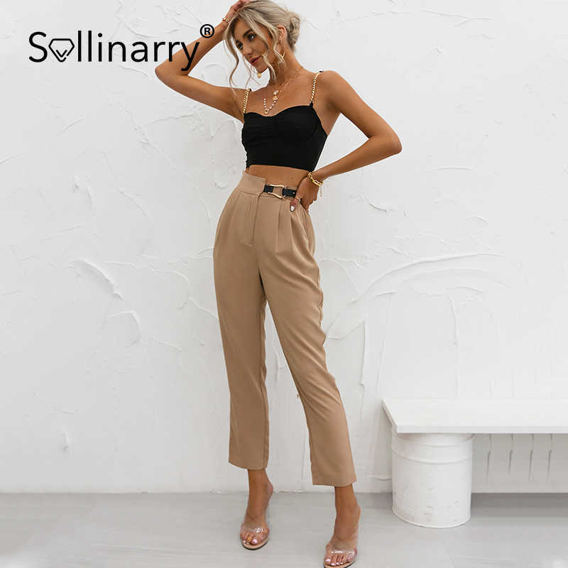 Sollinarry Asymmetric belt trousers Casual High Waist Khaki Pants Women Summer Brown Ladies Office Trousers Pocket Female Pants 210709