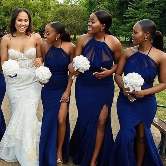 Royal Blue Bridesmaid Dresses Plus Size Mermaid Sexy Halter Side Slit Floor Length Custom Made Maid Of Honor Gown Country Wedding Party Formal Wear Ve