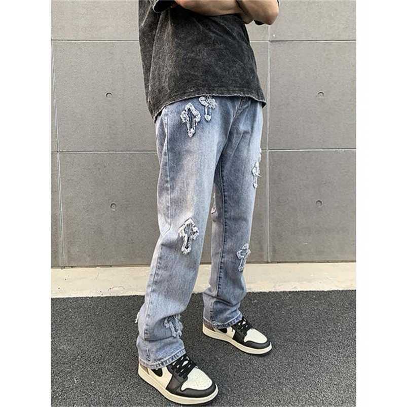 EukaaKa Men Streetwear baggy jeans trousers Cross hip hop Mens Loose Jeans Pants Women oversized Boyfriend Denim 211120