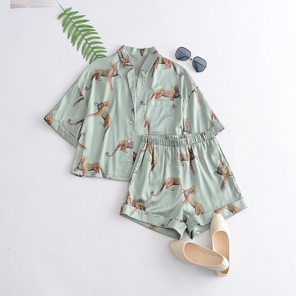 Animal Leopard Satin Short Shirt Pajama Suits Elastic Waist Wide Leg Shorts Women Loose Short Sleeve Blouse Tops 2 Pieces Set 210302