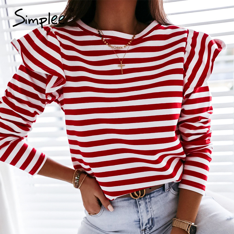 Simplee Causal Long Sleeve Red White Striped Tops For Female Autumn Winter Ruffled Base Shirt Streetwear O-neck Women Tops 210302