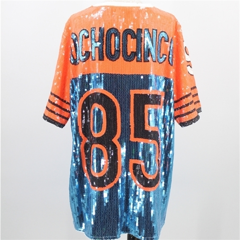 Women Performance Costumes Cheerleaders Loose Oversized Causal 85 Letter Shift Sequin T Shirt Mini Dress HipHop Long Tee T200117