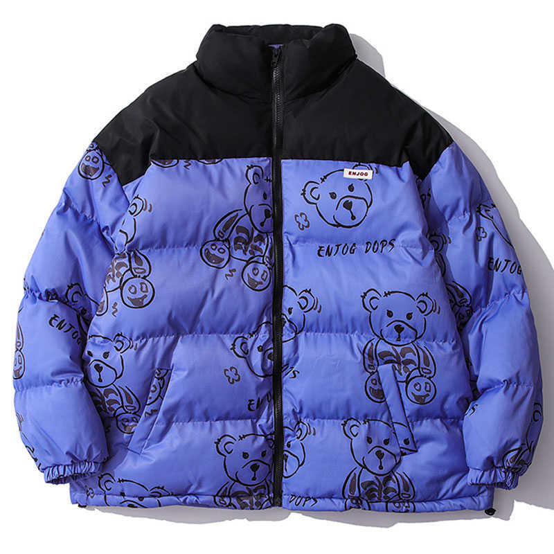 Men's Women Winter Warm Jacket Thick Coat Patchwork Cartoon Bear Heated Padded Puffer Jacket Oversized Parka Men's Clothing 211008
