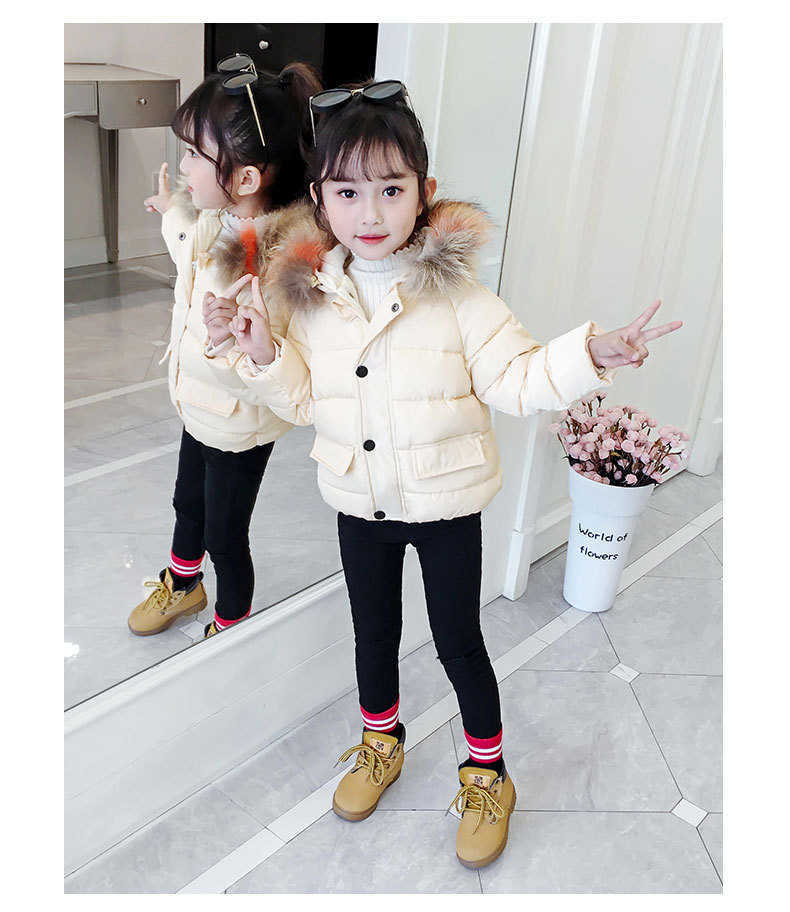 kids winter plus velvet real fur collar down coat with hoodie Christmas cotton outwear girls boys warm stuffed padded children design