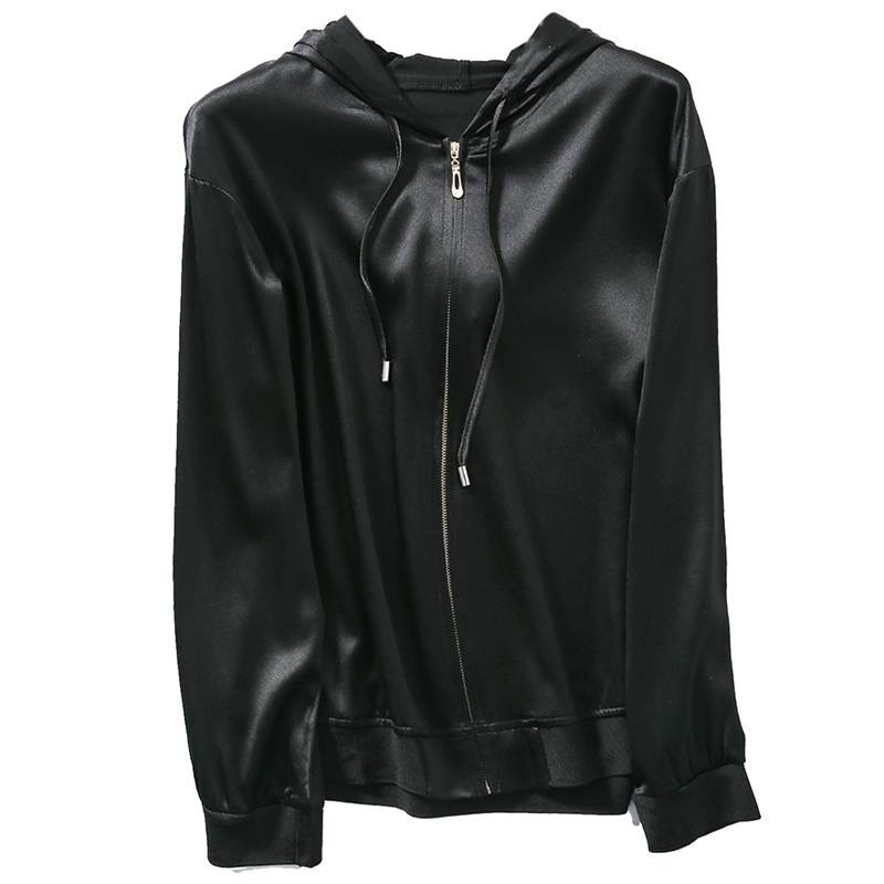 SuyaDream Women Silk Hoodies 92.1%Silk 7.9%Spandex Solid Black Hooded Zip-up Spring Autumn Outwear 201202