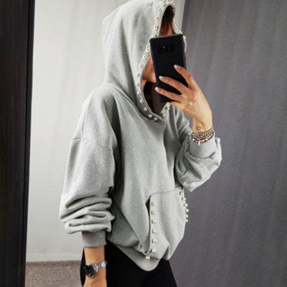Women Solid Hoodie Autumn Spring Office Ladies Elegant Plain Beading Pullover Hooded Coat Korean Causal Tops Outwear Gray 201109