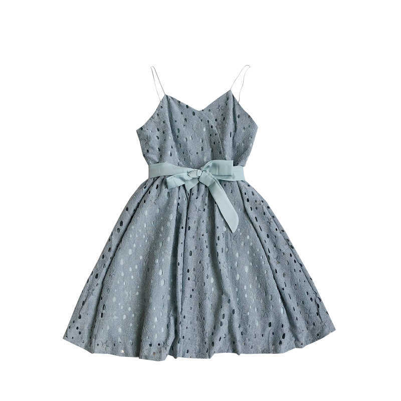 LY VAREY LIN Summer Women Sweet Suspender Dress V-neck Hollow Out Lace High Waist Short es Party A-line 210526