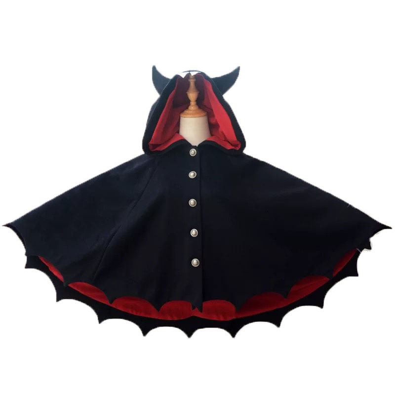 Fleece Poncho Hoodie Cloak Coat Winter Women Halloween Gothic Punk Black Devil Bat Wing Demon Costume Lolita Ouji Hood For Girls 201204