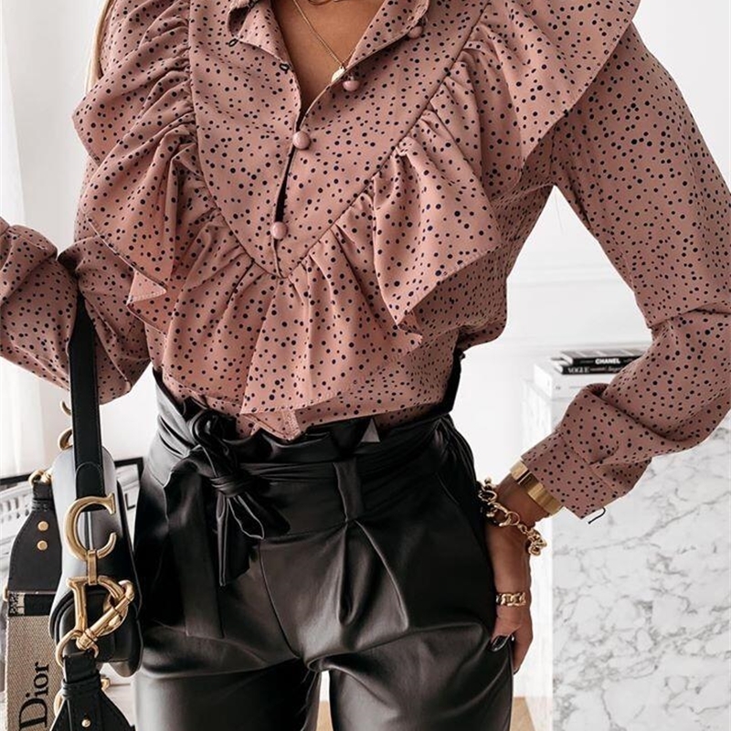 Autumn Women Leopard Print Ruffles Blouses Shirt Long Sleeve Work Shirt Lady Elegant Loose Office Blouses Tops 210225