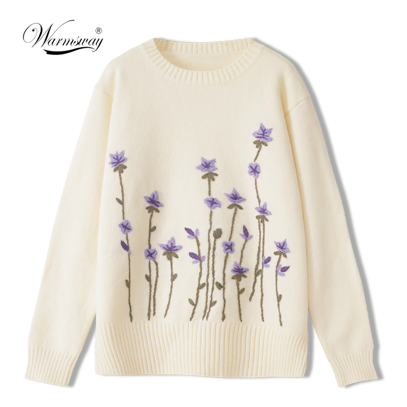 Girly Embroidery Purple Floral Pullover Sweater O-Neck Long Sleeve Fall Winter Loose Pullover C-103 210218