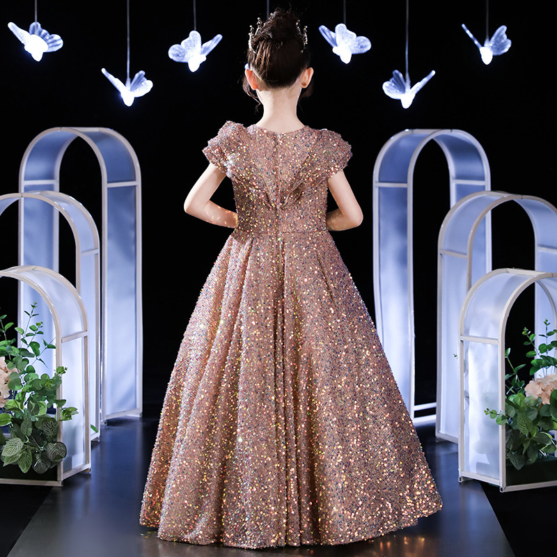 Gold Sequin Toddler Ball Gowns Girls Pageant Jewel Long Deep V Neck Formal Kids Party Gown Flower Girl Dresses For Weddings 403