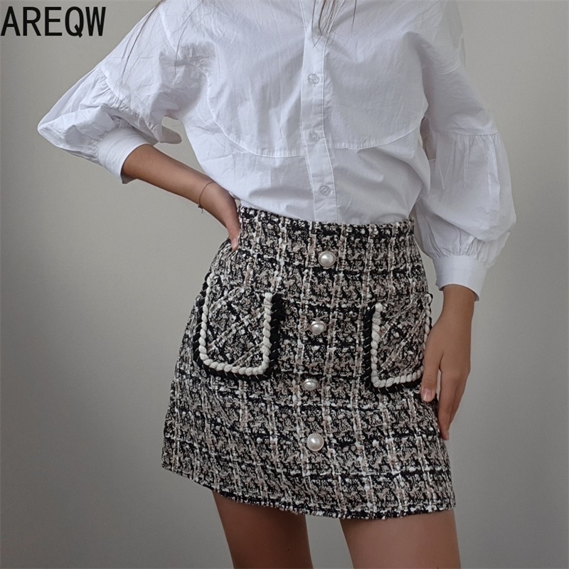 Spring Autumn Women Clothes Tweed Skirts Slim Short Mini Skirt with Two Pockets 210306