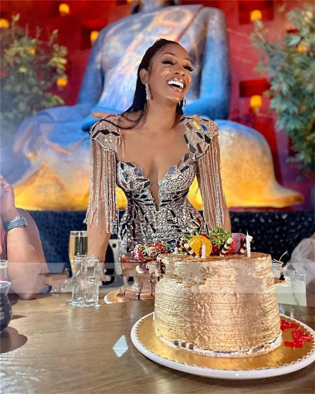 Sparkly Silver Celebrity Dress Prom Dresses 2022 For Black Girls Sexy Mini Cocktail Gown Beaded Tassels Party Homecoming Gowns