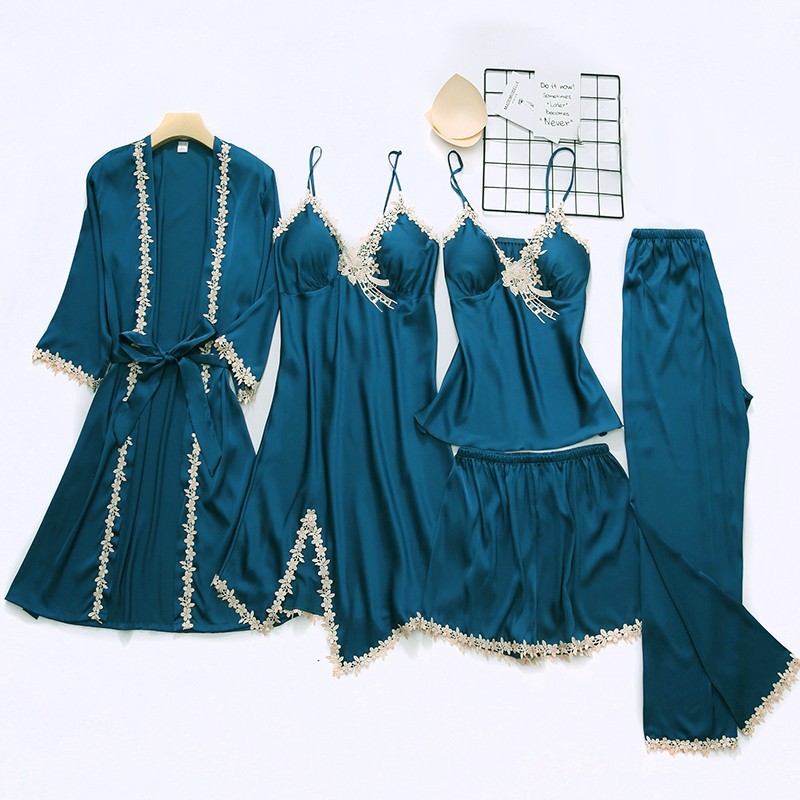 Women Sweet Lace Flower Trim 5pcs Pajamas Suit Spring Autumn Faux Silk Sleepwear Sexy Strap Top&pant Nightwear Home Wear Fqds, Black-2pcs
Women Sweet Lace Flower Trim 5pcs Pajamas Suit Spring Autumn Faux Silk Sleepwear Sexy Strap Top&pant Nightwear Home Wear Fqds, Black-2pcs