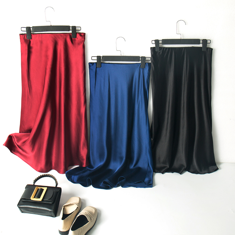 SuyaDream 100% Silk Satin Mermaid Skirt Woman Summer Long Skirts Solid Elegant Office Skirt 210309