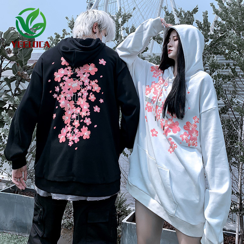 Drop Chinese Style Cherry Blossom Hoodie Oversized Couple High Street Hip Hop Rock Band Sweatshirt Autumn Winter 201020