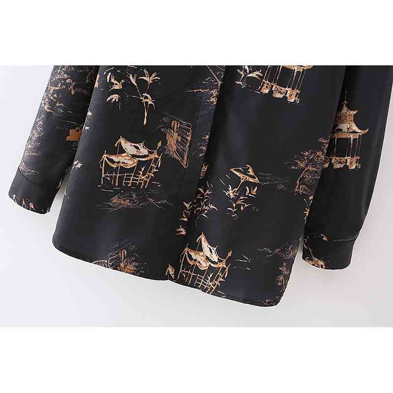 Vintage Women Black Print Shirts Fashion Ladies Turn Down Collar Tops Chinese Style Female Chic Pocket Blouses 210527