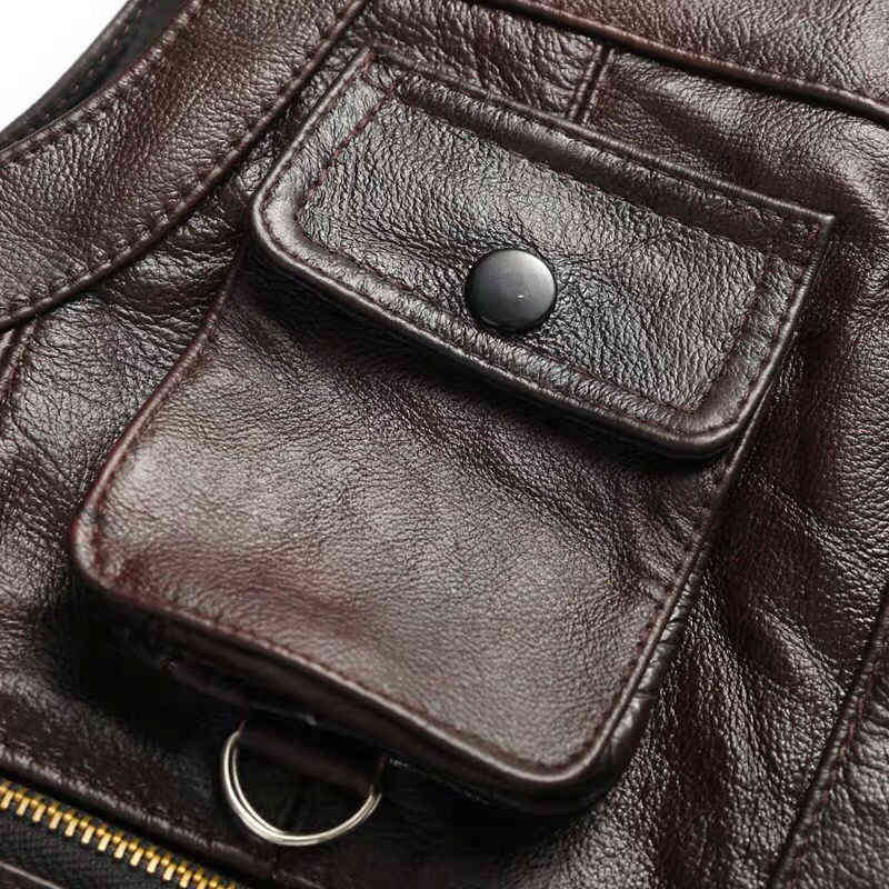 Cowhide Genuine Leather Vest Men Brown Waistcoat Male Sleeveless Jacket Thick Motorcycle plus size Vest Multi Pocket Zipper 211119