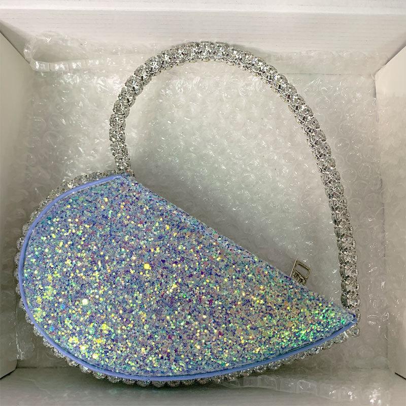 Cross Body Women INS Diamond Circular Evening Bag Round Handle Rhinestone Dinner Clutch Purse Ladies Half Moon Handbag