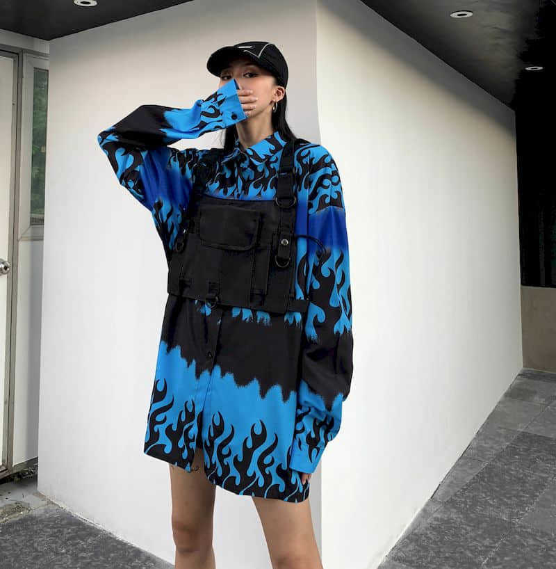 shirt men women shirts punk blouse Ins autumn Korean version of loose bf black functional vest + retro blue flame long-sleeved 210526