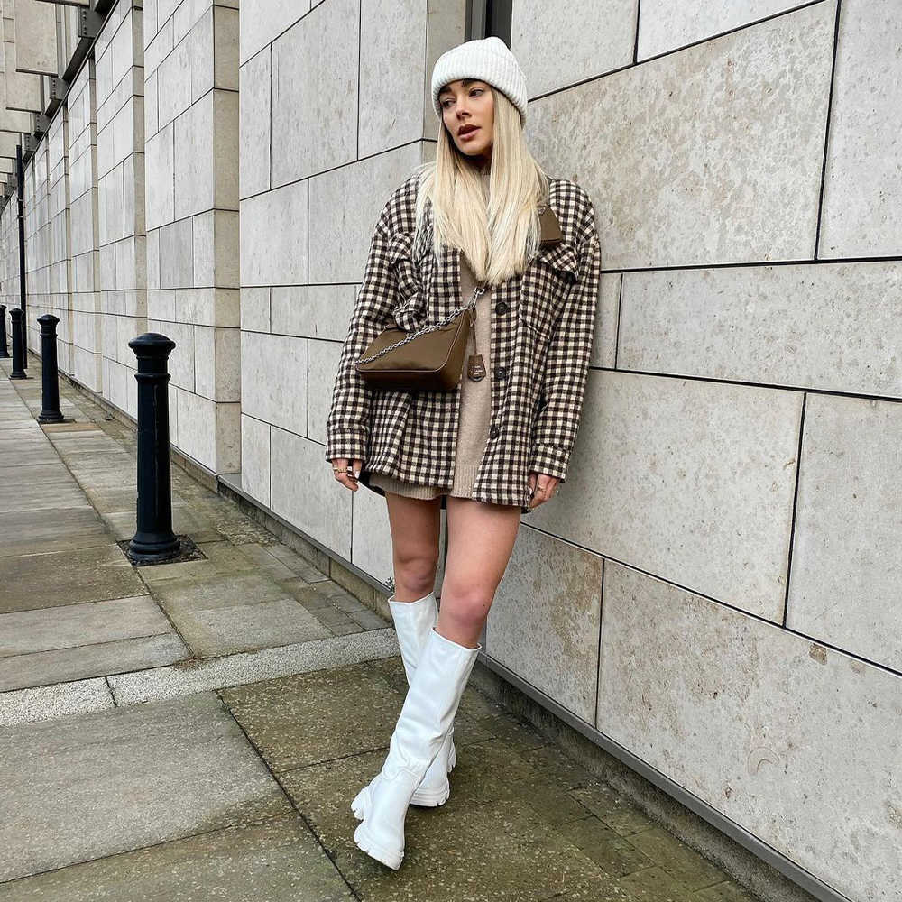 Women Jacket Checked Overshirt Chic Lady Fashion Casual Vintage Woman Oversized Coat Outfits Tops 210709
