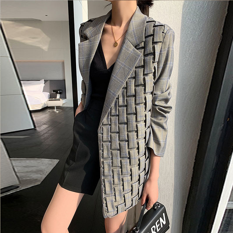 women's suits & blazers spring summer korea v neck long sleeve 3d plaid suit medium length coat women hand pleated korean fashion loos, White;black
women's suits & blazers spring summer korea v neck long sleeve 3d plaid suit medium length coat women hand pleated korean fashion loos, White;black