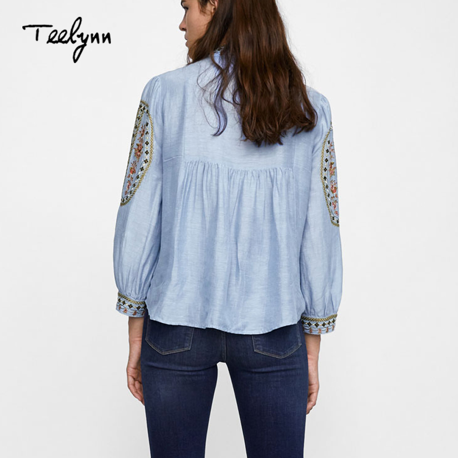 TEELYNN Bule boho blouse autum floral embroidered o-neck puff sleeve boho blouses hippie loose shirt blouse for women top 210225
