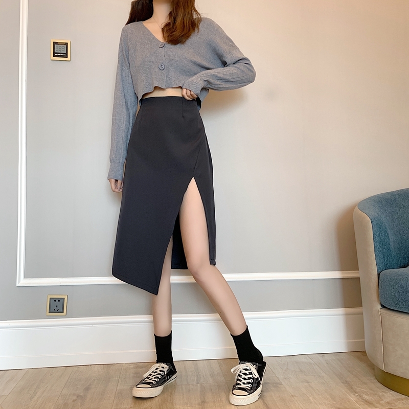 Autumn Hong Kong Style Black Skirt Split Skirt Womens MidLength High Waist A Shaped Slimming Hip Skirt 210306