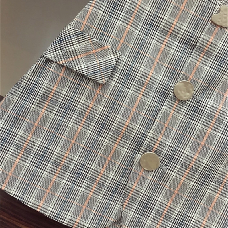 New Fall Womens Lapel Long Sleeve Blue Long Shirt High Waist Package Hip Plaid Skirt Twopiece Ladies OL Mini Skirts Set T200325