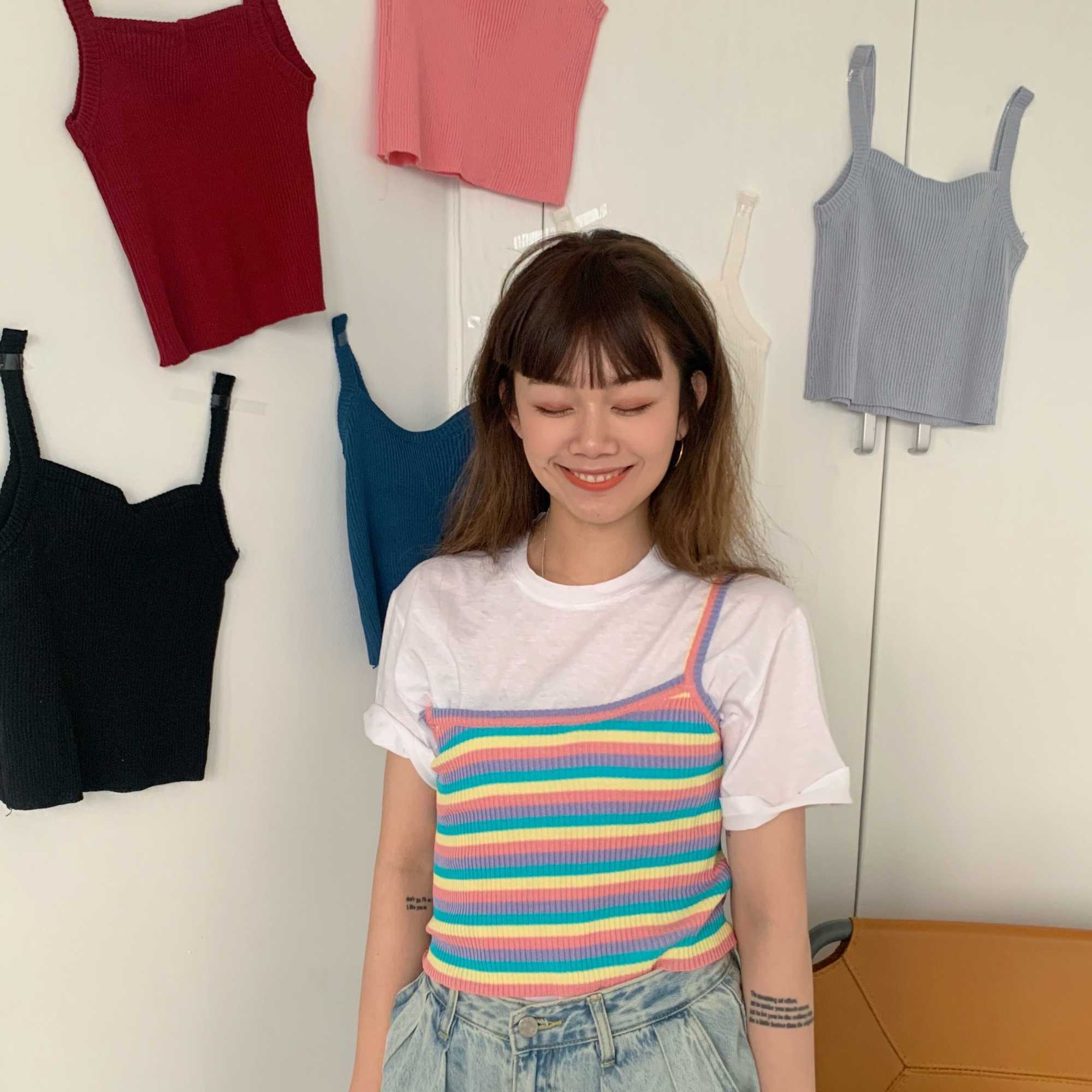 Rainbow Striped Camisole Women Summer Knitted Sleeveless Slim Tank Tops Sexy Basic Chic Colorful Crop Top Streetwear Camis 210625