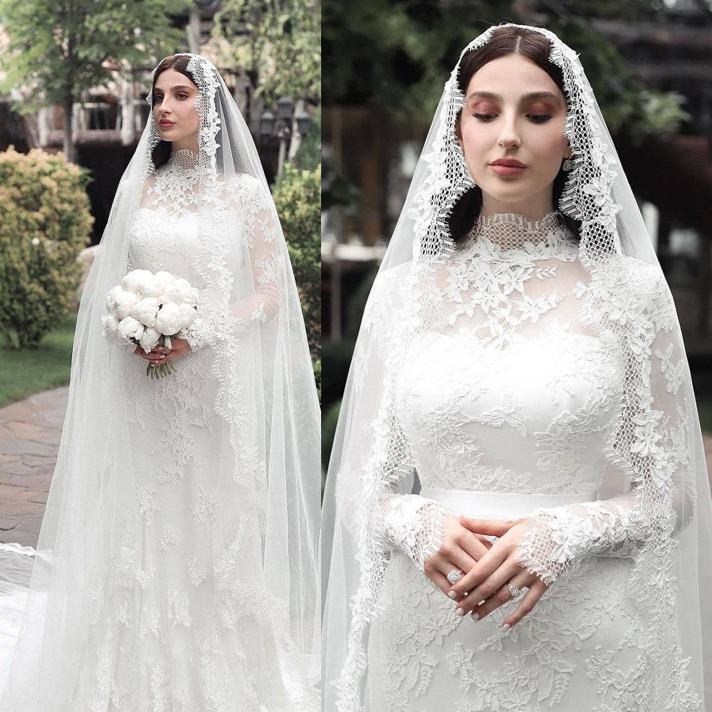 Vintage Wedding Dresses With High-neck Long-sleeves Appliqued Race Wedding Dress With Veil Custom Made Vestidos De Novia