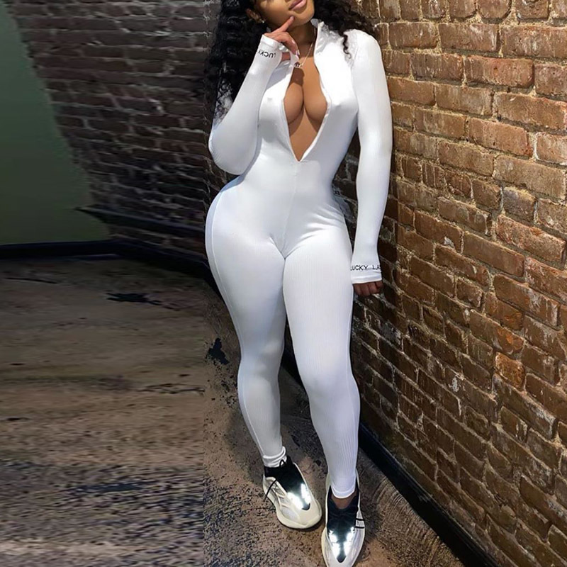 5 Colors Women Spring Fall Jumpsuits Solid Turtleneck Long Sleeve Slim Overalls Zipper Long Fitness Skinny Jogger Jumpsuits 201007