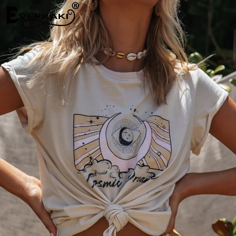 Everkaki T-shirt Top Women Boho Print Retro Summer Tees Gypsy Ladies Vintage Tops T-shirts Casual Female Spring New 210306