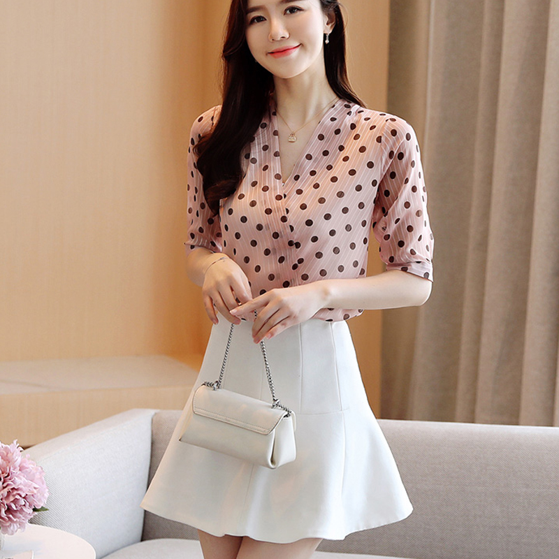 Short Sleeve Pullover Ladies Blouses New Korean Style Summer Women's Shirts Office Lady V Neck Polka Dot Blouse Women 9025 50 210225