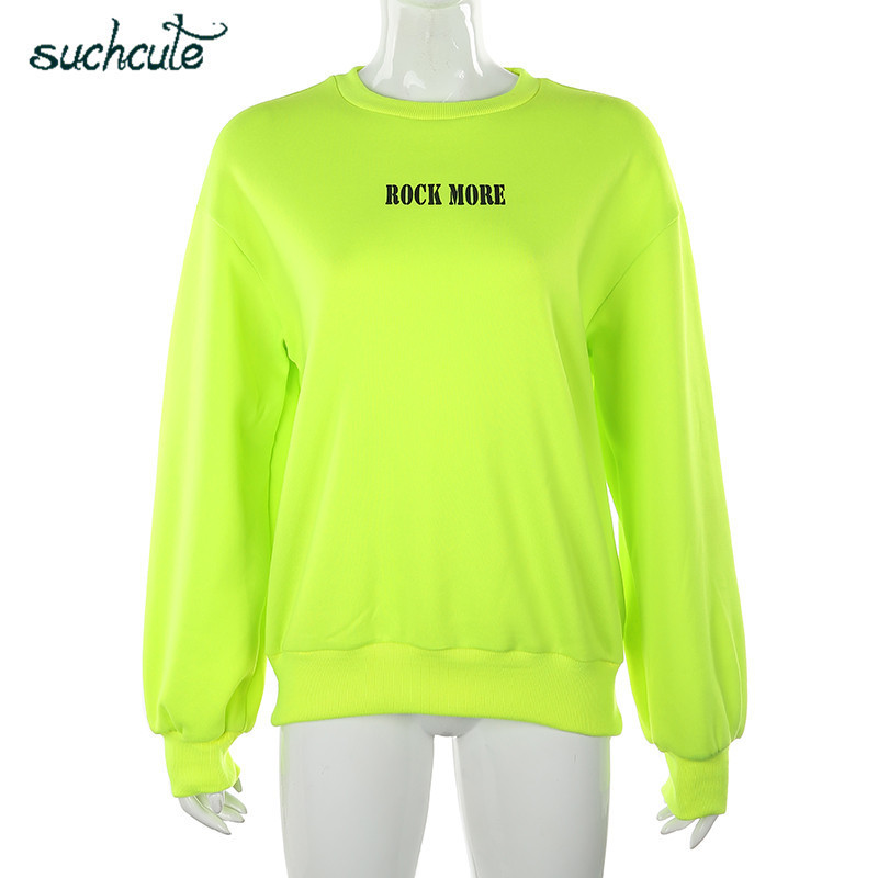 SUCHCUTE Women's Hoodies Neon Green Casual Lose Weight Hoody Top Sudadera Mujer Kpop O-Neck Autumn Female Gothic Sweatshirt 201212